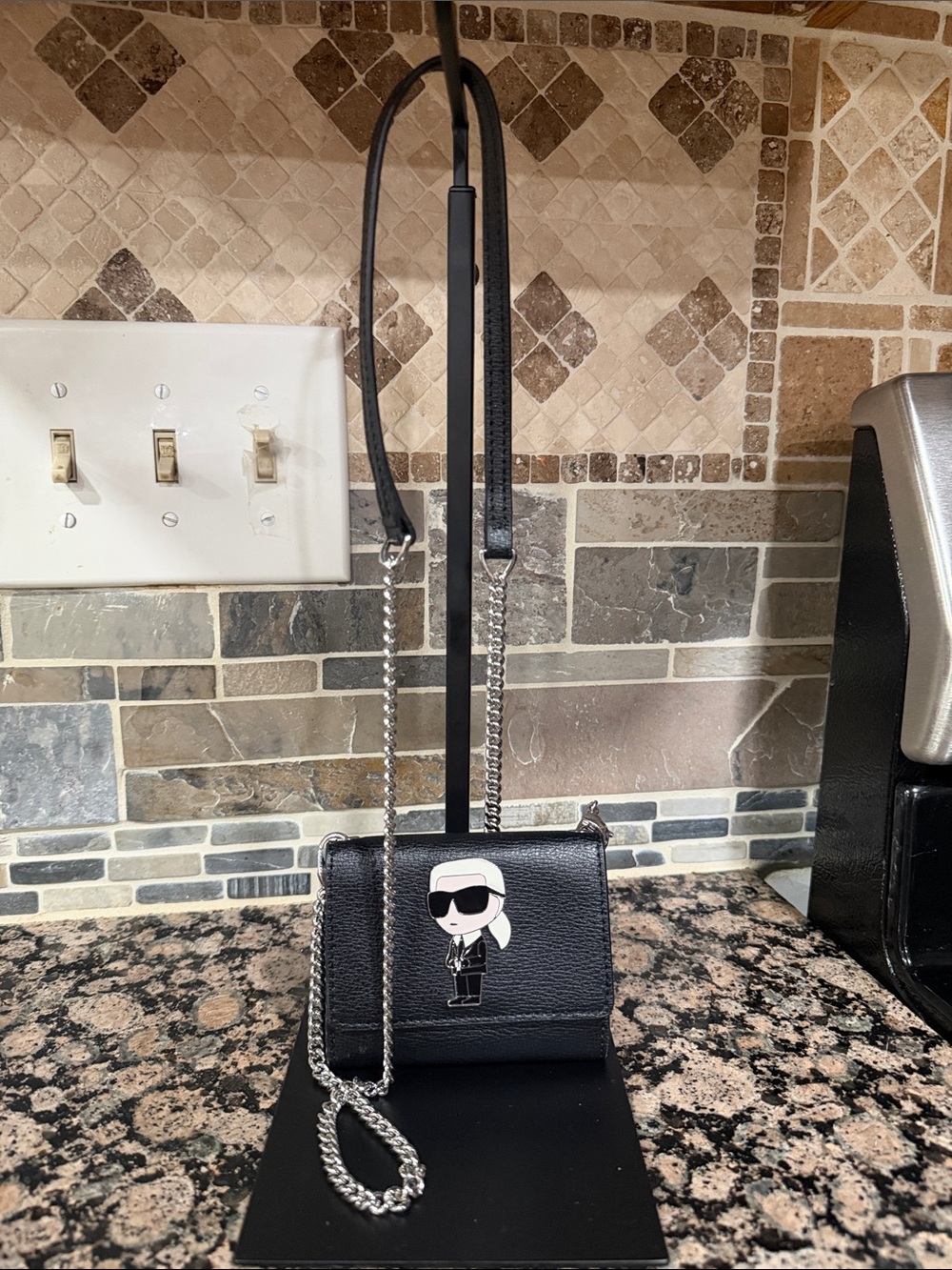 Karl Lagerfeld Black Crossbody with Silver Chain and Character Motif